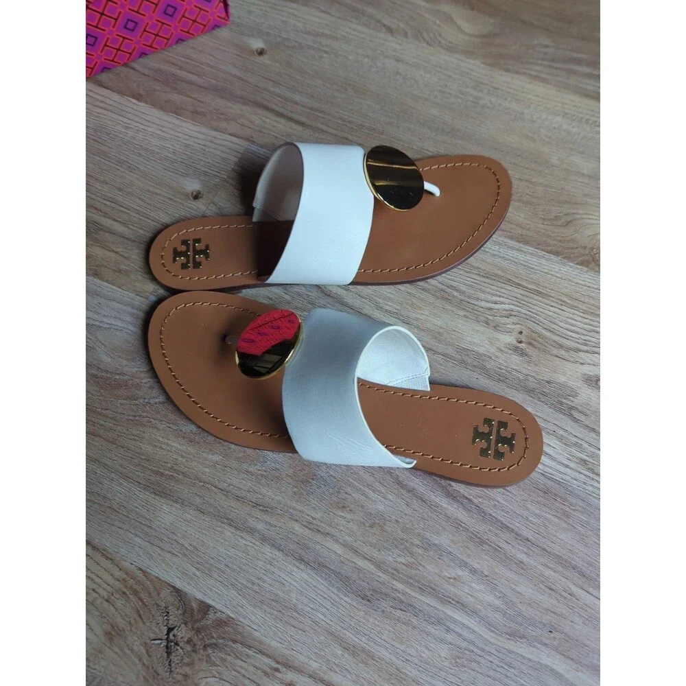 Tory Burch Patos Disk Thong Sandals White Gold Womens 9.5 - Picture 4 of 14